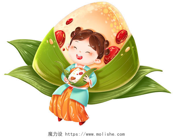 端午节汉服古风女孩儿童吃粽子节日营销png素材插画元素